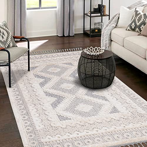 payé Teppich Wohnzimmer Vintage - 140x200cm Creme Grau - Fransen Deko Boho Flauschig - Cut & Loop Sisal - Schlafzimmer Flur Dekoration Läufer - Orientalische Teppiche