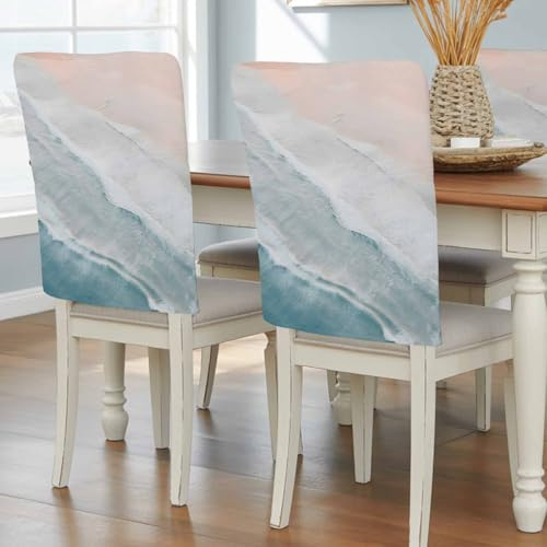Summer Beach Chair Covers - 4 Pcs Dining Room Chair Back Covers, Ocean Nautical Coastal Chair Slipcovers, Seaside Aqua Beige Removable Chair Protectors Covers for Kitchen/Banquet/Party 19x18