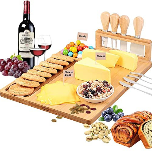 THREMA Ensemble De Planche À Fromage en Bambou, Plateau De Charcuterie Et Plateau De Service avec 4 Couverts en Acier Inoxydable, Grande Capacité Et Garde Propre, pour Craquelins, Brie, Fruits, Pain