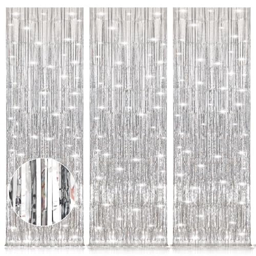 Accevo Silber Fringe Lametta Vorhang Party Dekorationen,3 Stück 1x2.5M Silber Folie Girlande Geburtstag für Graduation Deko Foto Hintergrund,Silber als Hochzeit Deko Geburtstag Luftschlangen.