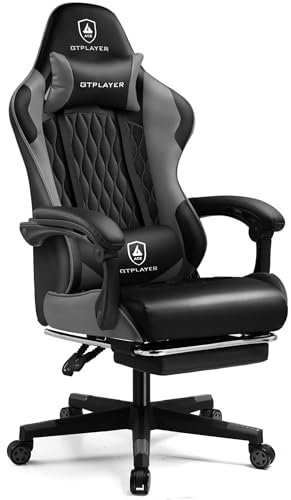 GTPLAYER Gaming Stuhl, Gamer Stuhl, Ergonomischer Bürostuhl mit mit Fußstütze verstellbare Lenden und Kopfkissen, Gaming Chair Gepolstert, Gaming Sessel 150 kg Belastbarkeit grau