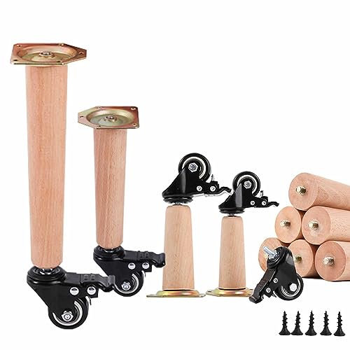 4 Piezas Patas Muebles Pies Mesa Maciza Madera Natural Patas Armario Cónicas con Ruedas para Mesas Café Sillas Armarios TV Tocador Mueble TV y Otros (65cm(25.5in))