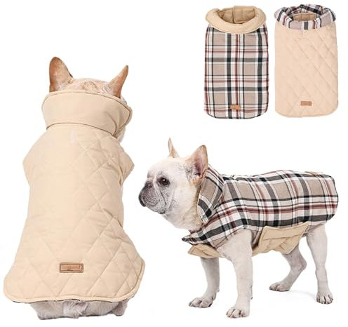 RUYICZB Hundemantel Winter, Hundejacke Für Kleine Mittlere Große Hunde, Hundemantel Wasserdicht Und Warm, Outdoor Hundemantel Mit Geschirr Loch Karierte Wendejacke,Beige,3XL