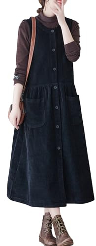 Vardaglig manchesterklänning för kvinnor button-down ärmlös lös mellanlängd lång gunga overall pinafore-klänning med fickor, Svart, L