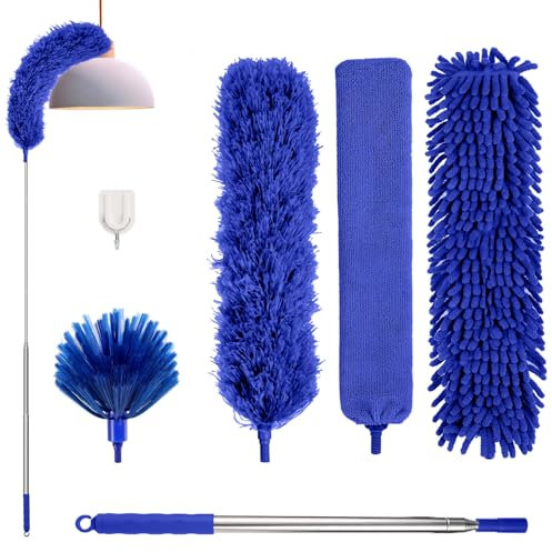 Feather Duster,7 PCS Extendable Duster with Extension Pole Up to 100 Inch, Reusable Bendable Cobweb, Washable Long Duster for Cleaning Ceiling Fan,High Ceiling,Furniture