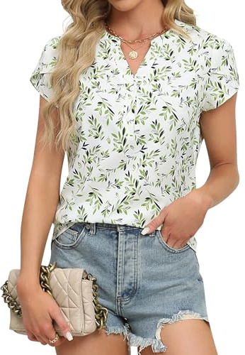 Blooming Jelly Women's Dressy Casual Tops Business Work Blouses Boho Clothes Button Down Shirts 2026 Summer Elegant Cap Sleeve Tshirt (Green Leaves,Medium)