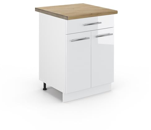Vicco Küchenunterschrank Fame-Line, Weiß Hochglanz, 60 cm | MDF-Front · AP Eiche inkl. · Höhenverstellbare Füße · Metallgriffe · Soft-Close