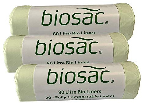 BioSac 80 Litre (80L) x 60 Bags (3 roll pack) - Extra thick Compostable and Biodegradable Kitchen Food and Garden Waste Bio/Compost Caddy Bin Liners - Certified EN13432