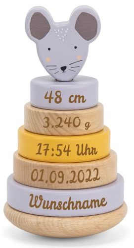 Elefantasie Personalisierter Stapelturm aus Holz von Trixie mit Namen und Geburtsdaten graviert Geburtsgeschenk Maus