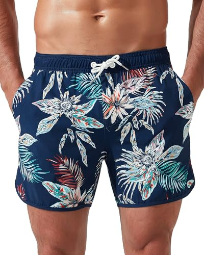 Arcweg badshorts för män 2 i 1 vintage badbyxor med kompressionsfoder snabbtorkande surfing stretchiga strandshorts, Blå blomma, M