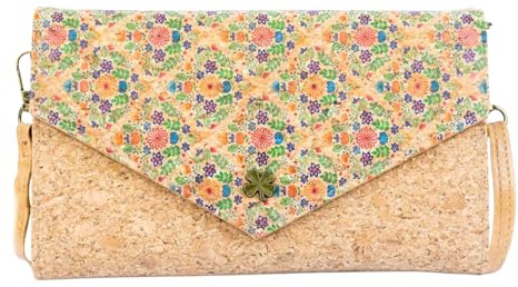 DeCarbonize Damen Kork Crossbody Geldbörse mit Schultergurt Handyhalter aus Kork Veganes Leder Portemonnaie (Blumen Garten)