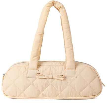 Élégant sac à bandoulière d'automne avec nœud papillon doux matelassé motif carreaux style pain sac à main rembourré sac à main matelassé, abricot, Length 35cm