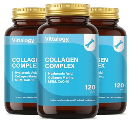 VITTALOGY Collagen Complex Suplemento Natural de Colágeno Hidrolizado Marino con Ácido Hialurónico, Magnesio, Coenzima Q10 y Vitaminas A, B12, C y D. Colágeno para Articulaciones y Piel. 360 Cápsulas