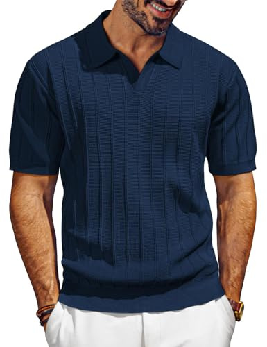 PJ PAUL JONES Camisas polo de punto de manga corta para hombre con cuello en V para golf, polos de verano con textura, azul marino, XXL