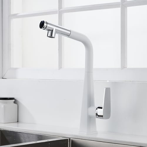 Küchenarmaturen mit herausziehbarer Brause, Küchenmischer-Wasserhahn aus Messing, 360° drehbar, für heißes und kaltes Wasser, Dual-Modus-Düse, herausziehbarer Küchenspülen-Wasserhahn, Weiß + Chrom