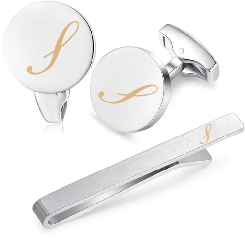 HONEY BEAR manschettenknöpfe & krawattennadel Krawattenklammer Set Initialen Buchstabe Herren Hochzeit Cufflinks Manschettenknopf Silber, 5.4cm