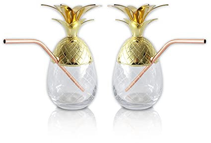 NSNYDNZ Espressotassen, Ananas-Getränkebecher, Ananas-Cocktailglas mit Strohhalm und abnehmbarem Deckel, Gitterdesign, Cocktail-Kaffee-Milchglas for Barzubehör, Küchendekoration, Gold