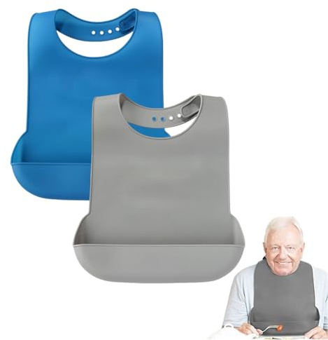 SJDOFU Silicone Adult Bibs, 2 PCS Feeding Bibs Clothing Protectors for Adult(Grey& Blue)