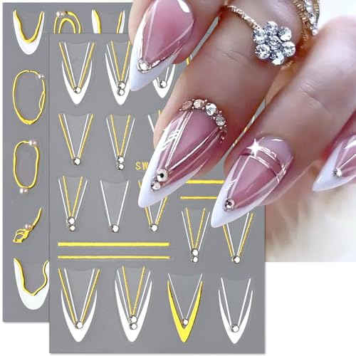 Weiß Gold Streifen Linie Strasssteine Perlen Französische Spitze Nagelsticker Unregelmäßig Linien Schieber Rahmen French Tips Nail Sticker Welle Kurve French Tip Nagelaufkleber Nageldesign Nail Art
