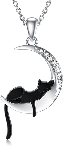 LABBAO Diamant Mond und Tier Kette für Damen 925 Sterling Silber Schwarze Katze/Faultier/Drache/Einhorn/Fuchs Anhänger Halskette mit Lab-Grown Diamant Schmuck Geschenke