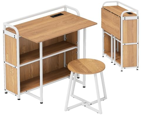 LIFEZEAL Scrivania pieghevole con sgabello, scrivania per computer con 2 ripiani, prese, porta USB e tipo C, salvaspazio, tavolo da ufficio per casa, studio (naturale)