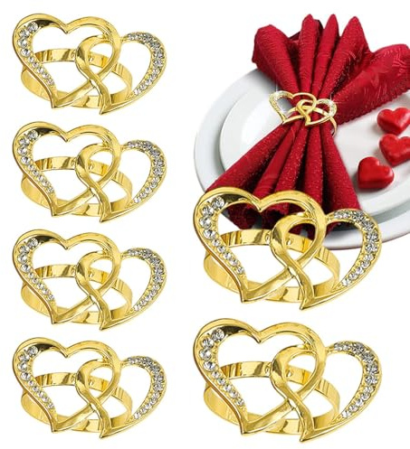 Servilleteros con forma de corazón, 6 juegos, elegante decoración de mesa, potenciador de escenario temático de amor, anillo de servilleta hueco con brillantes, accesorios glamorosos para cenas de
