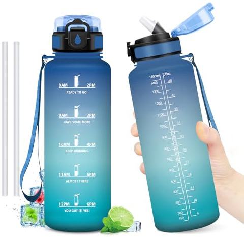 Botella 1.5L, Botella Agua con Pajita, Botellas Agua Deporte con Marca de Tiempo, Reutilizable, Garrafa Agua sin BPA, Cantimplora para Niños, Oficina, Bicicleta, Yoga, Running, Gym, Escuela, Viaje