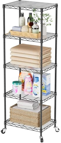 SINGAYE Small 5 Tier Shelves Wire Storage Shelving Adjustable Metal Shelf | With Wheels Home Storage Small Rack Pantry Closet Unit for Laundry Room Organization Bathroom Kitchen