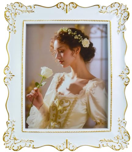 HQHC1996 Vintage 8x10 Picture Frame, White Ornate Baroque Photo Frame with Hand-Painted Gold Decorative Floral Design, Antique Tabletop or Wall Hanging Retro Home Decor Photo Gallery Art