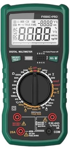 Multimetro Digital, Multímetro digital de 6000 cuentas CA/CC, 2000 V/20 A, comprobador de temperatura RMS real for electricistas, fotovoltaicos y mineros.