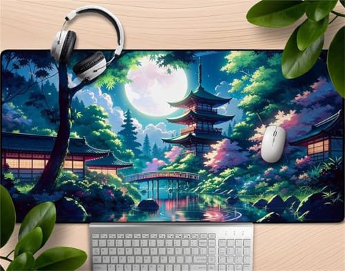 Tapis de Souris Gamer, 1500x800x3 mm Mouse Pad XXL, Grand Tapis de Bureau sous Main, Améliore la précision et la Vitesse, Tapis de Clavier Lavable pour Maison, Gamer, PC (Lac Tour Lune)