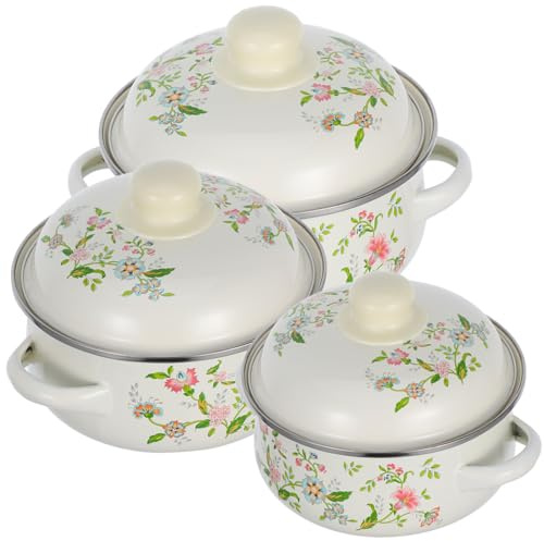TOGEVAL 3pcs Purple Floral Enamelware Stock Pots with Lid Mini Simmer and Stew Cooking Casserole Pots with Dual Handles for Vintage Kitchen Use Heat-Resistant Easy-Clean Cookware
