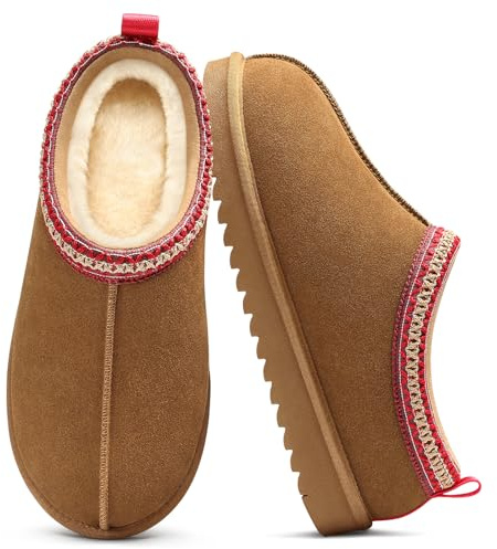 Evshine Women’s Genuine Suede Slippers, Fuzzy Warm House Shoes for Indoor Outdoor, Great Gift for Winter Comfort, Chestnut 40（9）