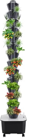 FENGLY 70 Löcher Hydroponic Tower, 14 Etagen Tower Growing System Kit, Hydroponisches Anbausystem mit Hydratationspumpe, Garten Hydroponischer Turm mit 25L Wassertank, Geeignet für Obst, Gemüse(Grau)