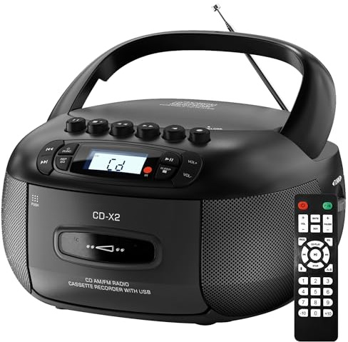 Kuephom CD-spelare boombox med kassettspelare: Bärbar CD-boom box med Bluetooth, FM/AM, bandspelare och fjärrkontroll – USB/MP3/AUX-spelare med sömntimer – AC/batteridriven för hem/utomhus/gåva