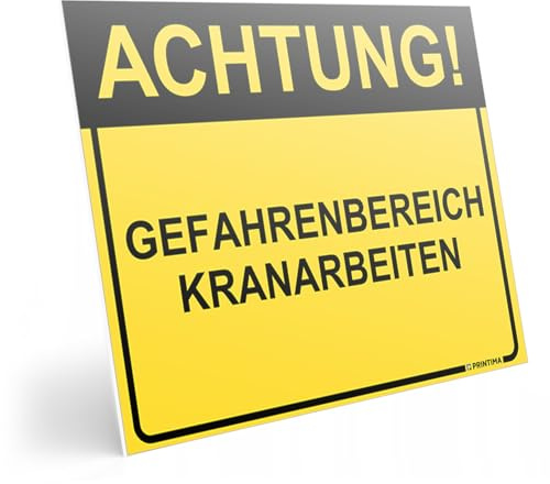 PRINTIMA Achtung Gefahrenbereich Kranarbeiten Schild 40x30 cm – Warnschild Baustelle Kran – Hinweisschild Sicherheit PVC – Inklusive Montageset (Dübel & Schrauben) – Extrem Robust