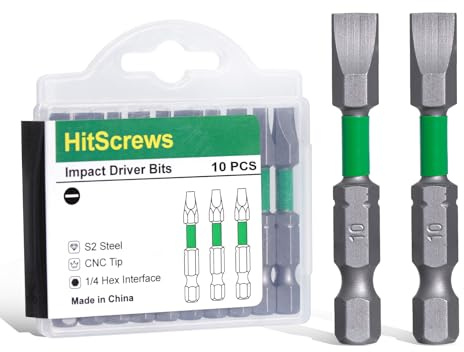 SL10 Flat Head Screwdriver Bits, 10mm Heavy-Duty Slotted Bits, Magnetic S2 Steel, 2-Inch Impact Ready, 1/4 Hex Shank for Decking, Framing, Heavy Construction & Furniture – 10 Pack