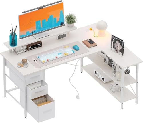 Xyphren Escritorio en Forma L con 3 cajones de Tela, Escritorio de Esquina Reversible con Soporte para Monitor, Enchufe y Puerto de Carga USB para Homeoffice, 120 * 80cm, Blanco