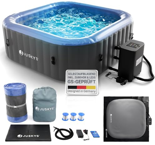 JUSKYS® Whirlpool SpaLuxe – Aufblasbar, Outdoor & Winterfest, 130 Sprudeldüsen, 3000W, PVC, LED-Beleuchtung, Grau/Blau