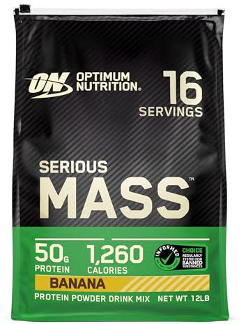 Optimum Nutrition Serious Mass Poudre de Protéine Gain de Masse Hautement Calorique avec 25 Vitamines et Minéraux, Créatine Monohydrate et Glutamine, Saveur Banane, 16 Portions, 5.45 kg