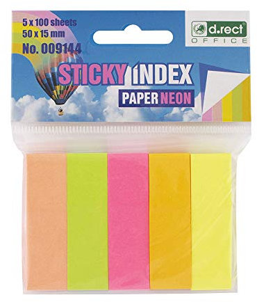 D.RECT Haftstreifen Pagemarker Index Haftmarker Film Textstreifen 15x50mm 5x100 Stück Neon Papier