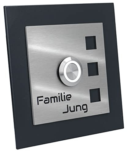 Jung Edelstahl Design Edelstahl Türklingel „Manhattan 009 mit Gravur. Klingelplatte 10x10cm. LED Taster in (weiss). Grundplatte anthrazit RAL 7016 pulverbeschichtet. Klingelschild aus V2A Edelstahl.