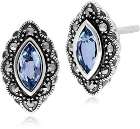 Boucles d'oreilles clou de style Art nouveau en argent sterling 925 avec topaze bleue marquise et marcassite