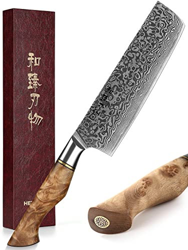 HEZHEN 18CM Japanischer Stil Damast Nakirimesser, Küchenmesser 67 Schicht Damaskus Stahl Kochmesser,Holzgriff