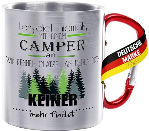 CreaLuxe Edelstahltasse mit Karabiner - Leg dich niemals mit einem Camper an - wir kennen Plätze - 330ml, Tasse bedruckt, Kaffeetasse, Bürotasse, Metalltasse mit Name