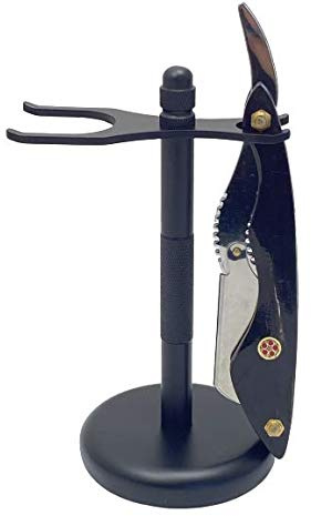 G.B.S Men's Classic Straight Edge Razor Saloon Shavette Professional Quality Black Brush And Razor Stand - Black Horn Handle Includes 10 Blades Manual Shaver Effortless Glide Pain Free