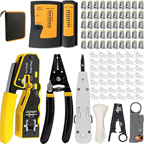 Mailine - Kit de herramientas RJ45 CAT5 CAT6 para cables de red profesionales, mantenimiento de trabillas Ethernet LAN, comprobador de cable CAT7, conectores, alicates crimpadora reparación (color