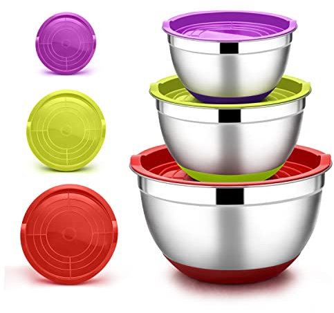 Joyfair Rührschüssel Set, 3-teilige Edelstahl Schüssel mit Luftdichtem Deckel & Rutschfestem Boden, Salatschüssel Set für Küche/Backen/Kochen/Zubereitung, Spülmaschinenfest - 4.6L / 2.8L / 1.2L