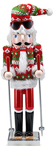 Ornativity Christmas Skier Man Nutcracker – Red and Green Wooden Nutcracker Guy with Ugly Sweater and Ski Sticks in Skiing Pose Xmas Themed Holiday Nut Cracker Doll Figure Decorations 15