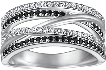 Mesnt Ring 925 Silber Schlichter Freundschaftsring Hochzeit Ringe X Kreuz Schwarz und Weißer Zirkonia Verlobungsring Frau Silber Schwarz Größe 54 (17.2)